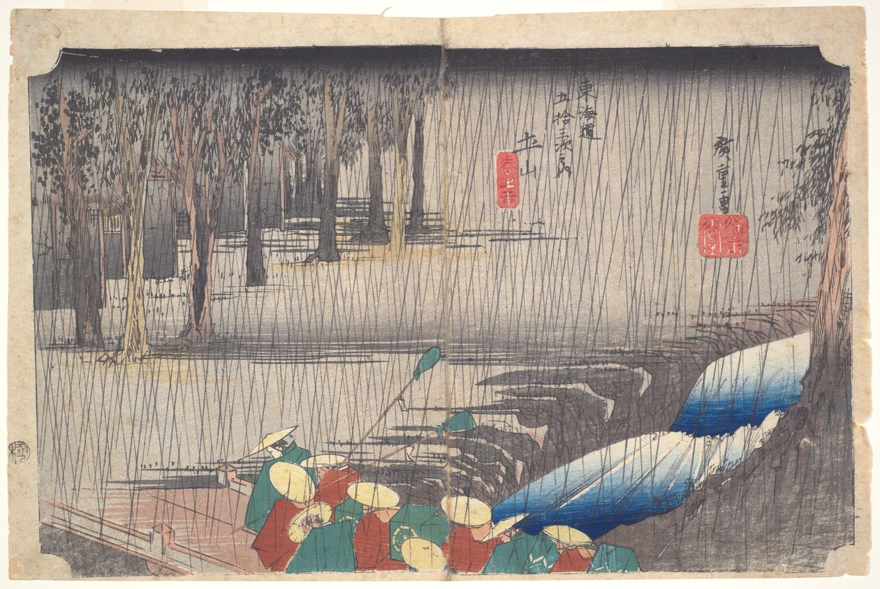 Lenteregen in Tsuchiyama, uit de serie Drieënvijftig stations van de Tōkaidō door Utagawa Hiroshige