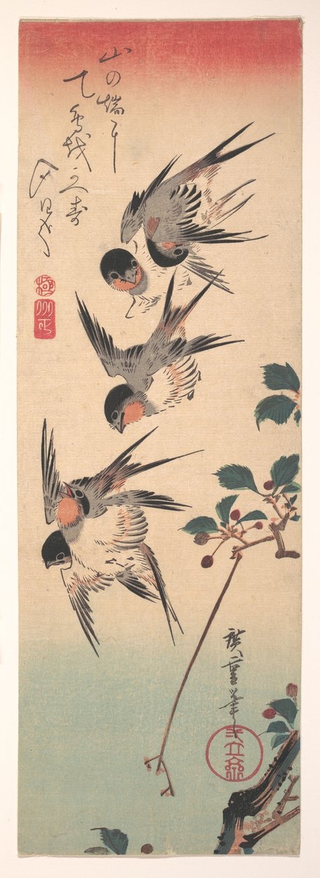 Schwalben und blühende Wildkirsche door Utagawa Hiroshige