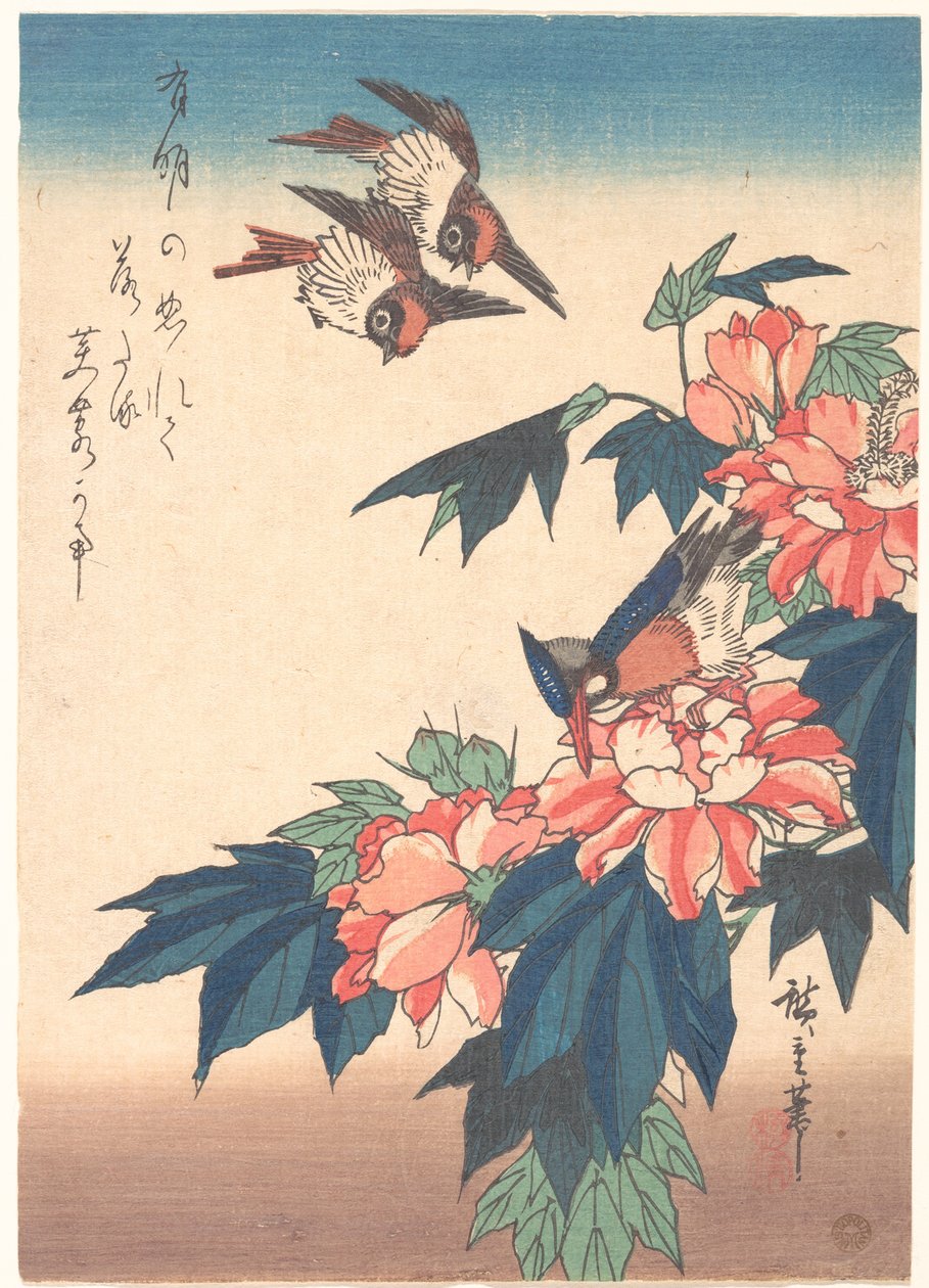 Zwaluwen en ijsvogel met rozenhibiscussen door Utagawa Hiroshige