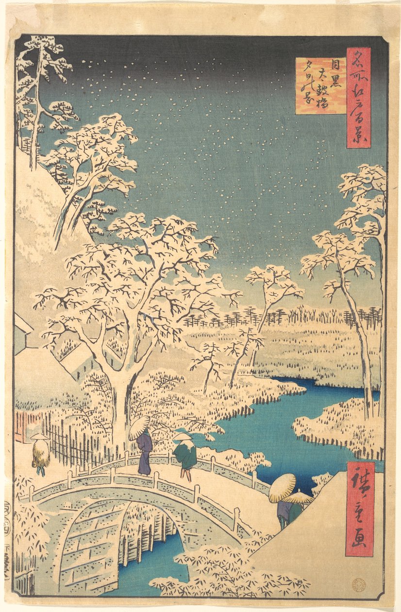 Taiko-brug, Meguro, op een besneeuwde avond door Utagawa Hiroshige