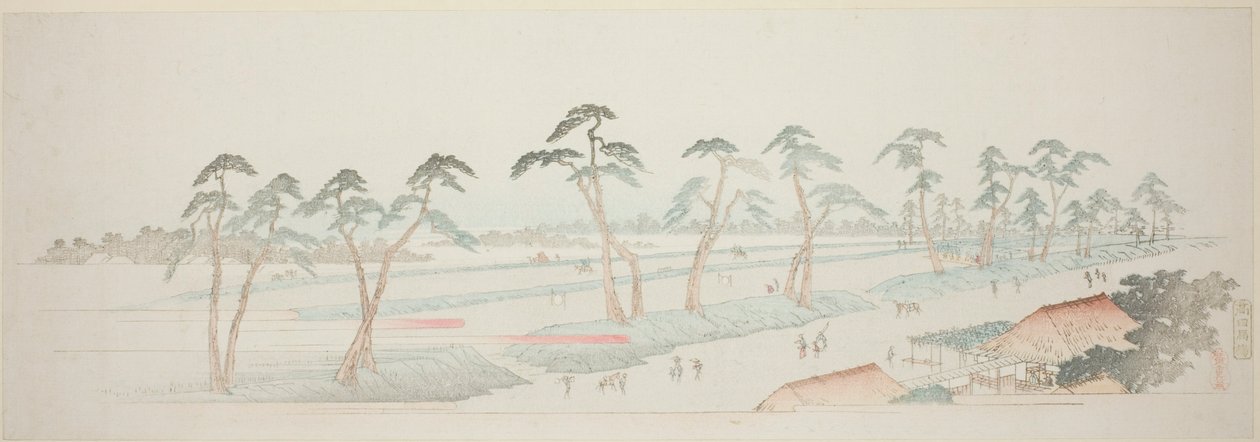 Takada Rijgronden (Takada baba), uit de serie "Dertien uitzichten van de omgeving van Edo" door Utagawa Hiroshige