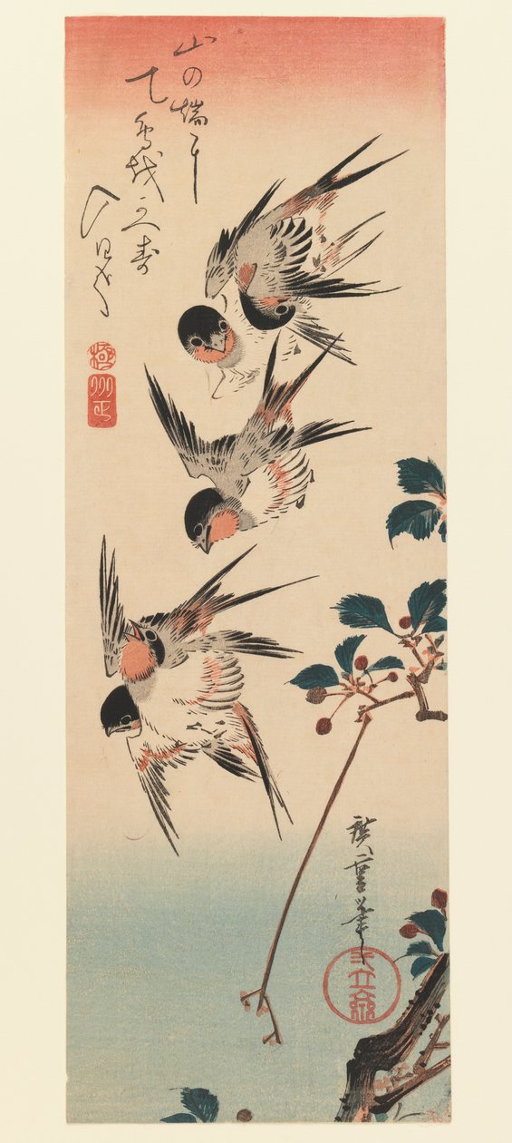 Tanzaku, Vier zwaluwen, 1832 door Utagawa Hiroshige