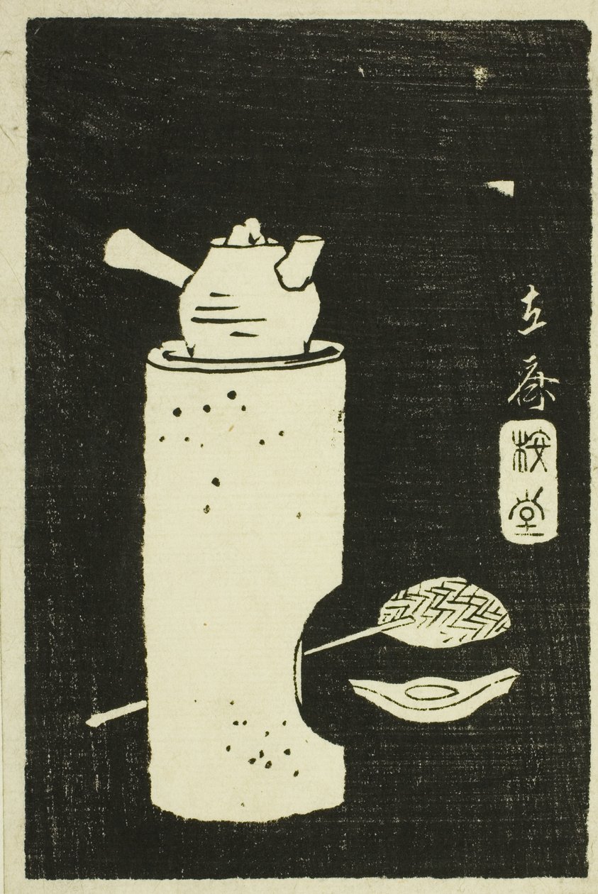 Theeketel, deel van een blad uit de serie "Spiegel van Steenwrijvingen van Uitzichten van de Provincies" (Kohon meihitsu ishizuri kagami) door Utagawa Hiroshige