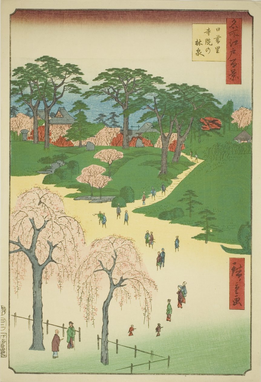 Tempeltuinen in Nippori (Nippori jiin no rinsen), uit de serie "Honderd Beroemde Zichten van Edo (Meisho Edo hyakkei)" door Utagawa Hiroshige