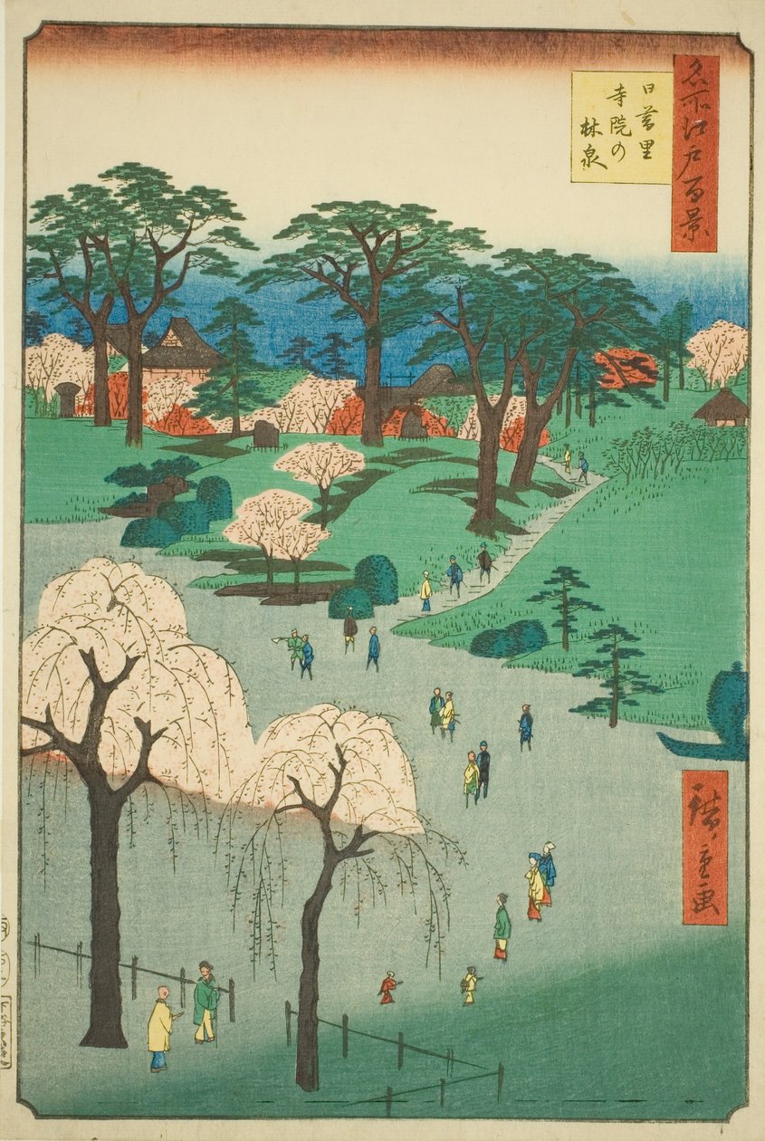 Tempeltuinen in Nippori (Nippori jiin no rinsen), uit de serie "Honderd Beroemde Zichten van Edo (Meisho Edo hyakkei)" door Utagawa Hiroshige