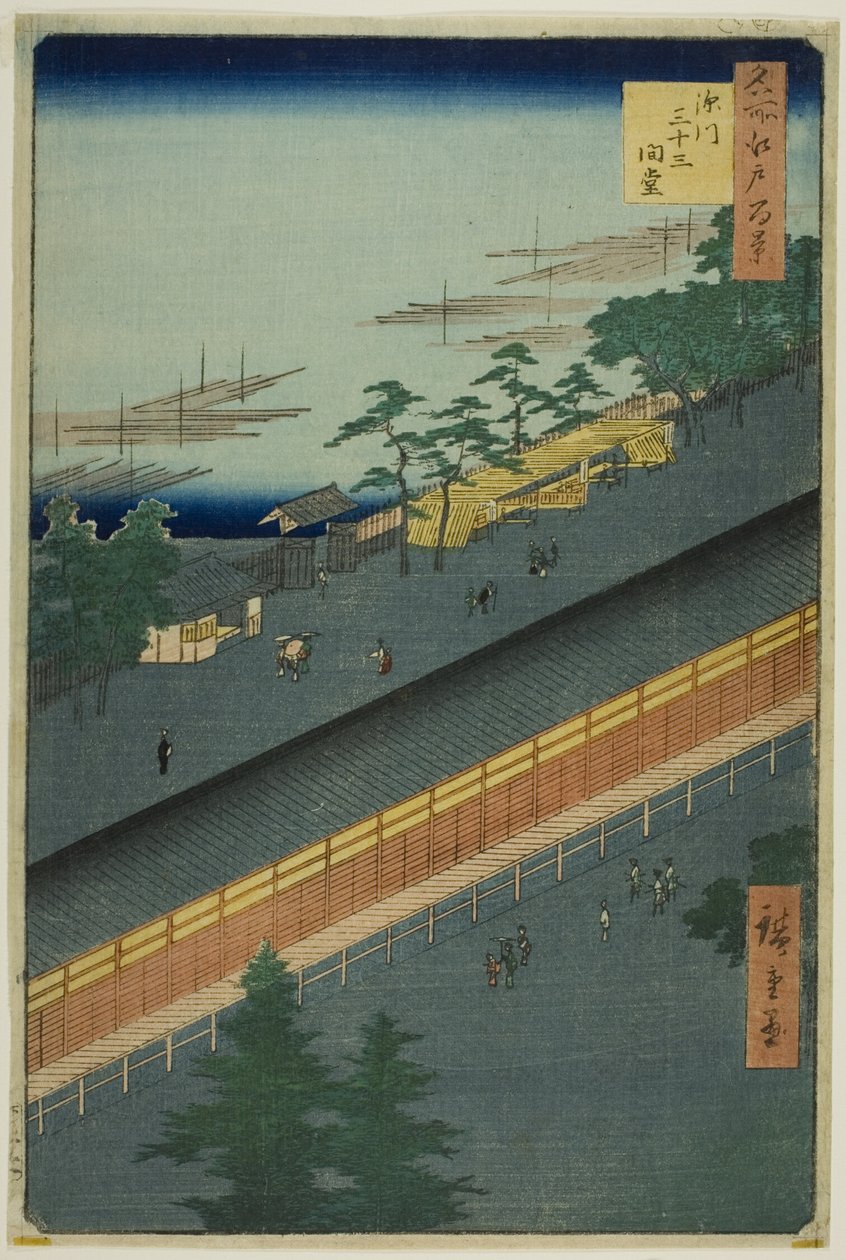 De hal van drieëndertig baaien in Fukagawa (Fukagawa Sanjusangendo), uit de serie "Honderd beroemde vergezichten van Edo (Meisho Edo hyakkei)". door Utagawa Hiroshige