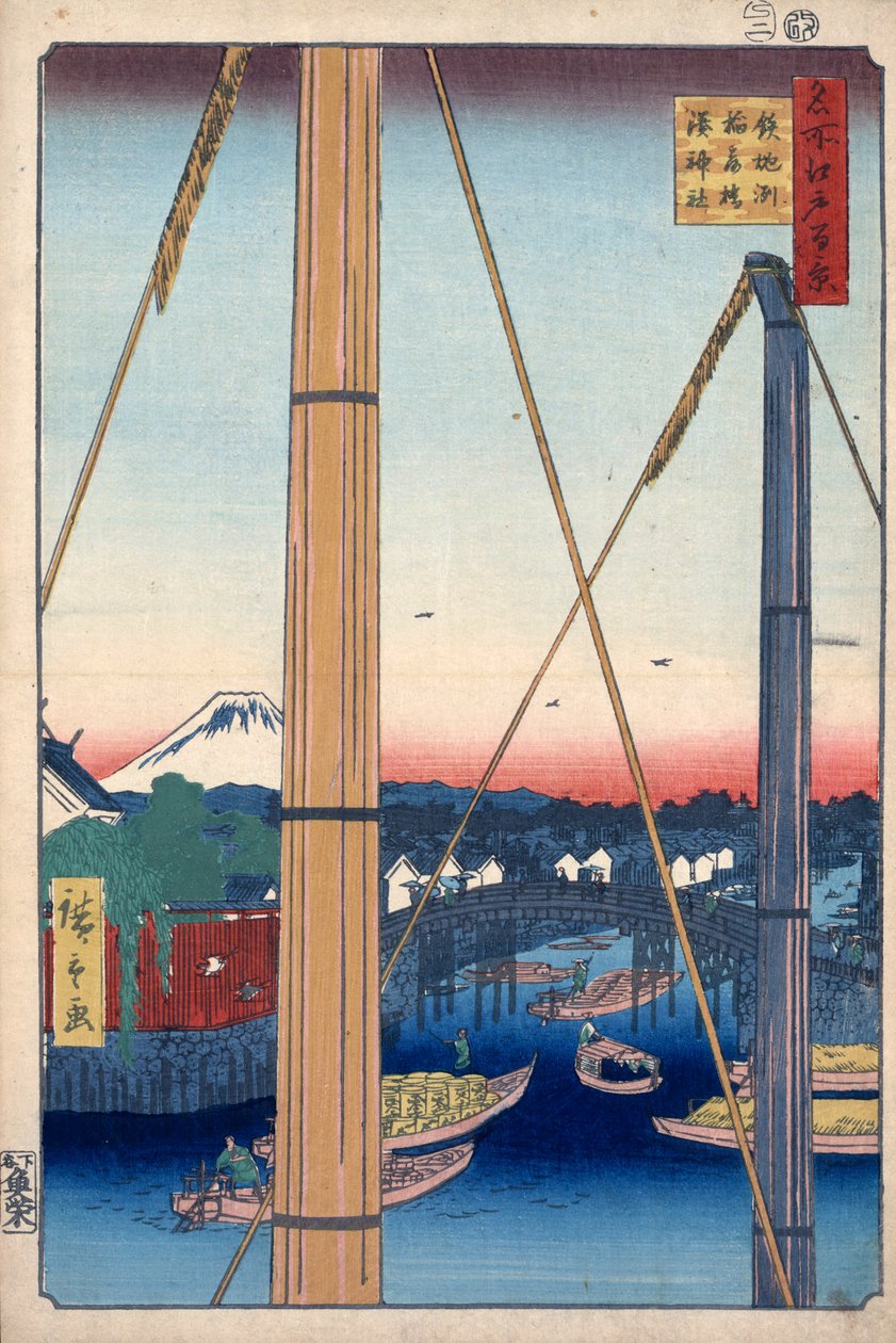 Het havenheiligdom en de Inari-brug bij Teppozu, Honderd beroemde uitzichten van Edo, 1856-1858 door Utagawa Hiroshige