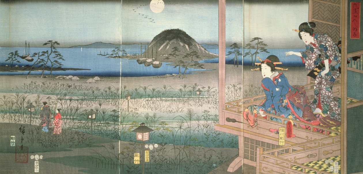 De Dame Fujitsubo kijkt naar Prins Genji die vertrekt in het maanlicht, 1853 door Utagawa Hiroshige