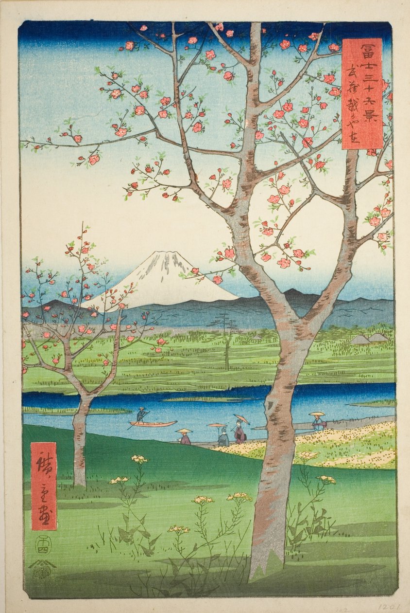 De buitenwijken van Koshigaya in de provincie Musashi (Musashi Koshigaya zai), uit de serie "Zesendertig zichten op de berg Fuji (Fuji sanjurokkei)" door Utagawa Hiroshige
