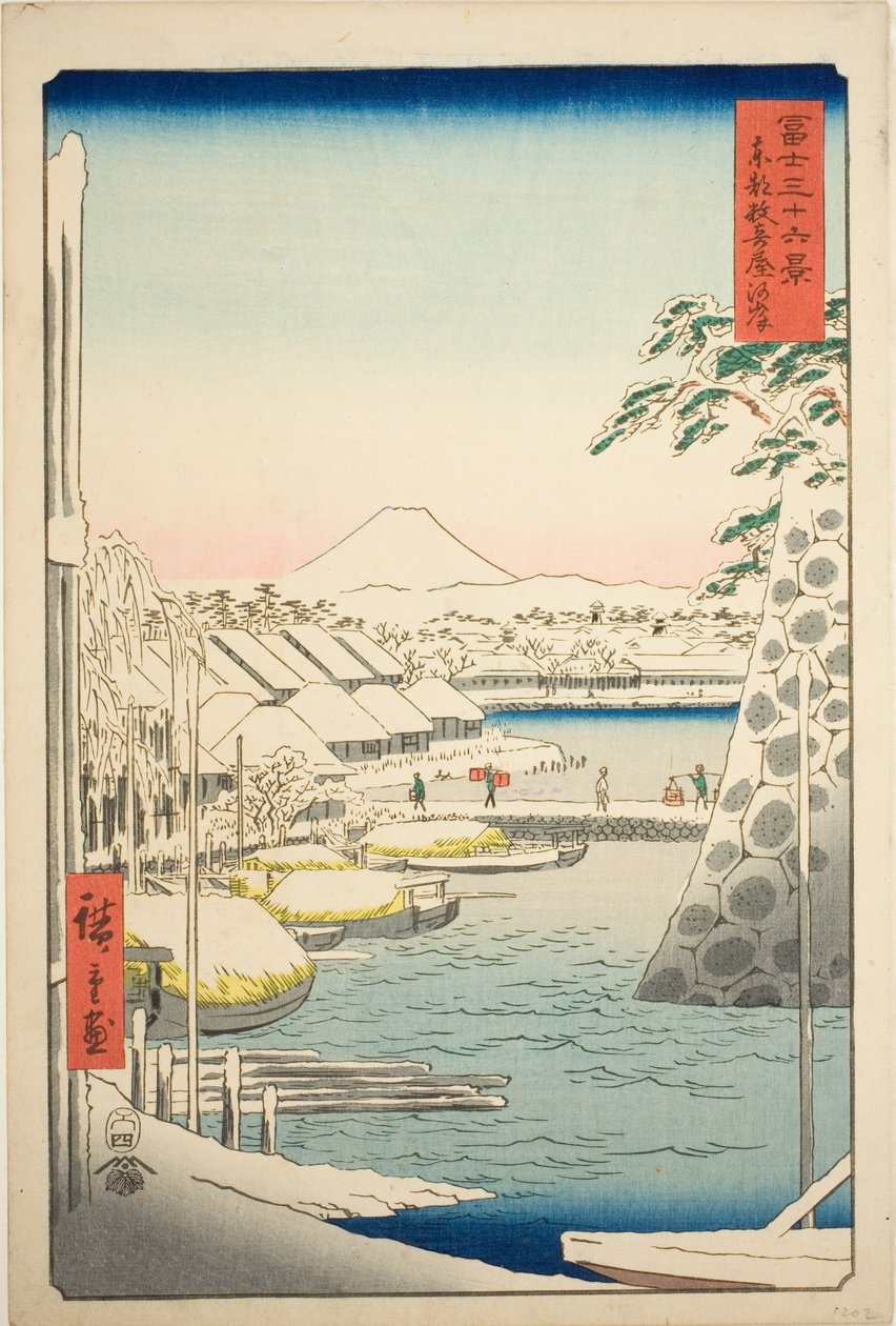 De Rivieroever bij Sukiya in de Oostelijke Hoofdstad (Toto Sukiyagashi), uit de serie "Zesendertig Zichten op de Berg Fuji (Fuji sanjurokkei)" door Utagawa Hiroshige
