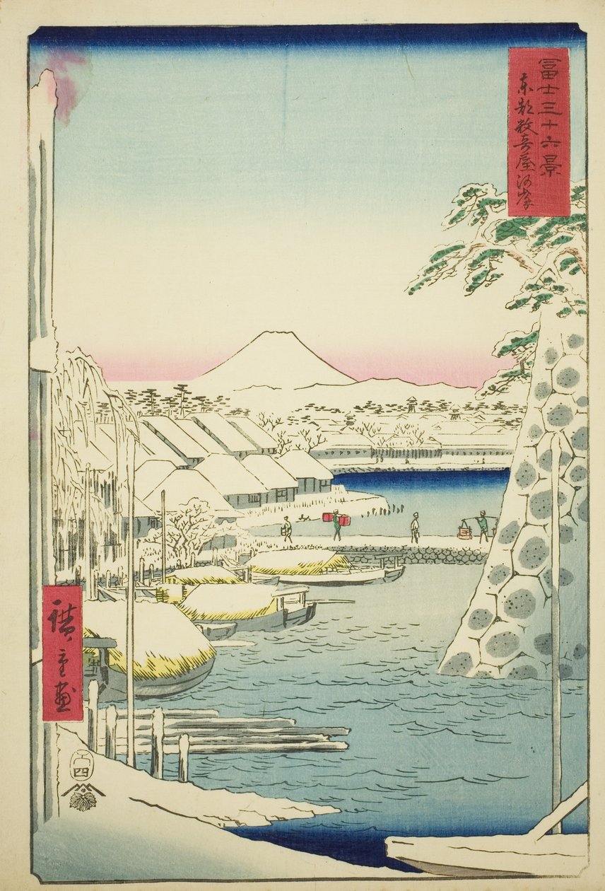 De rivieroever bij Sukiya in de oostelijke hoofdstad (Toto Sukiyagashi), uit de serie "Zesendertig gezichten op de berg Fuji (Fuji sanjurokkei)" door Utagawa Hiroshige