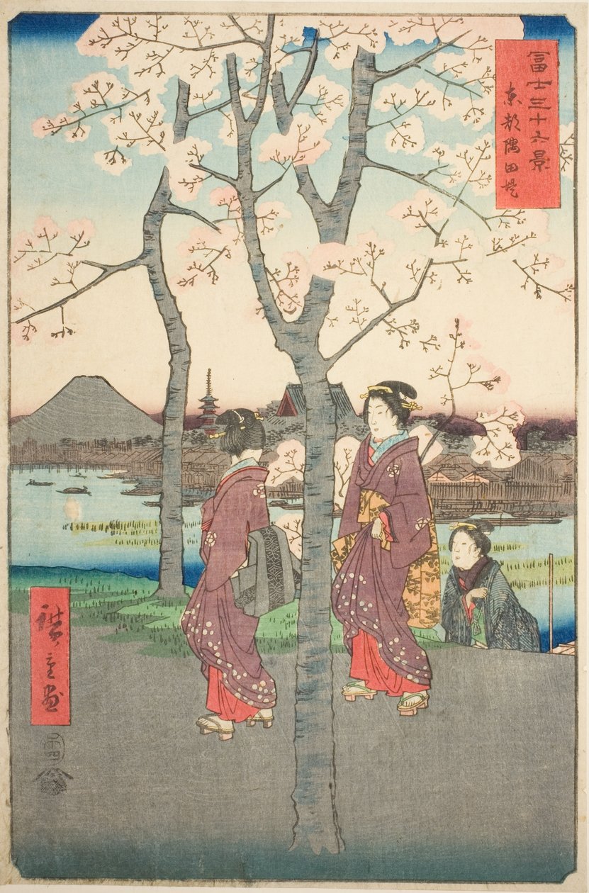 De Sumida-dijk in de oostelijke hoofdstad (Toto Sumida zutsumi), uit de serie "Zesendertig gezichten op de berg Fuji (Fuji sanjurokkei)" door Utagawa Hiroshige