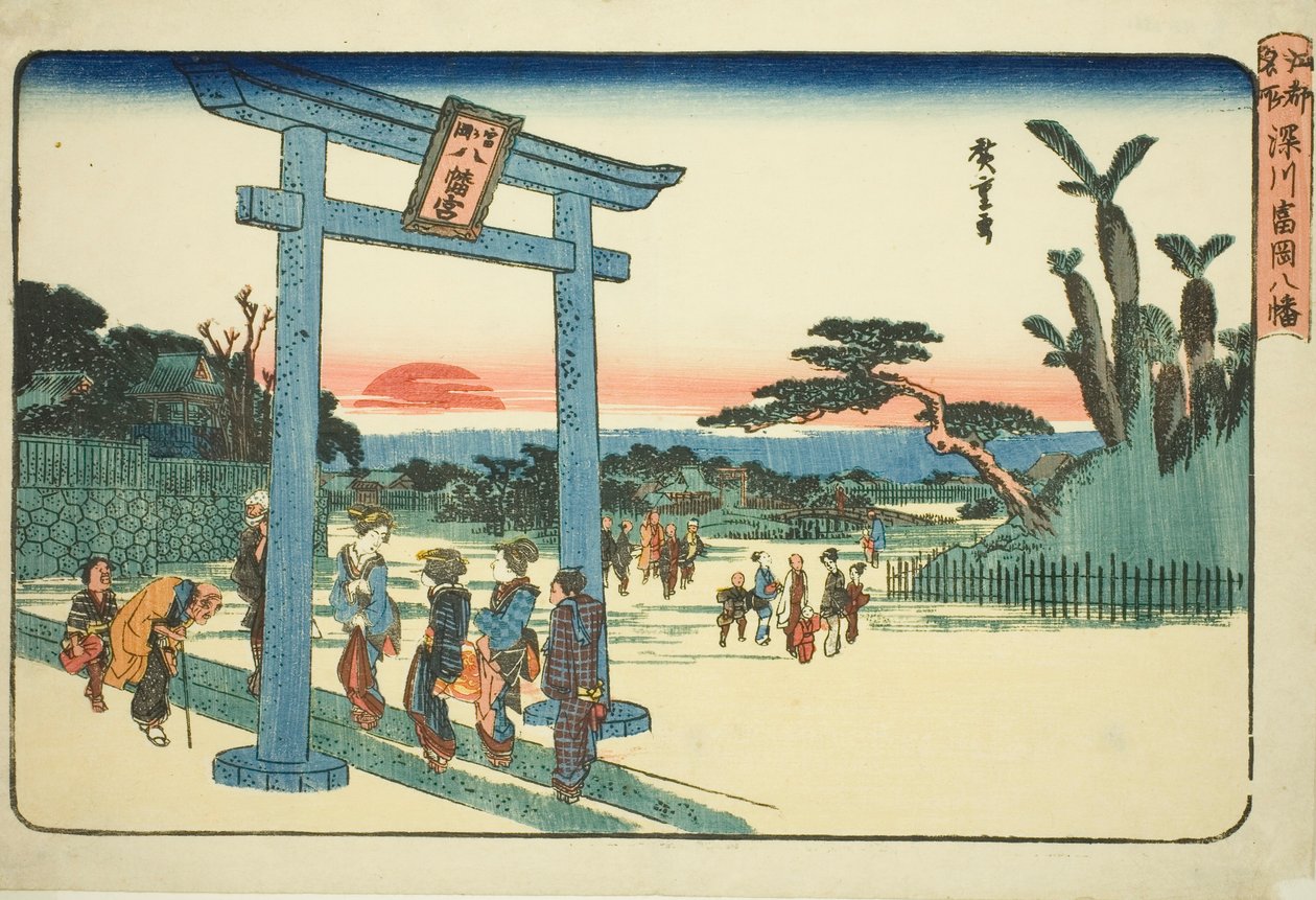 Het Tomigaoka Hachiman-heiligdom in Fukagawa, uit de serie "Beroemde plaatsen in Edo" door Utagawa Hiroshige