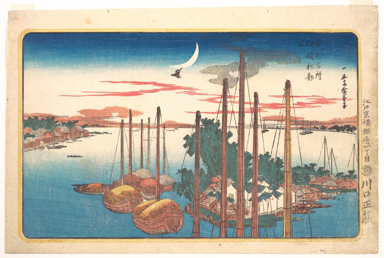 Het eerste koekoekgeluid van het jaar op Tsukudajima door Utagawa Hiroshige