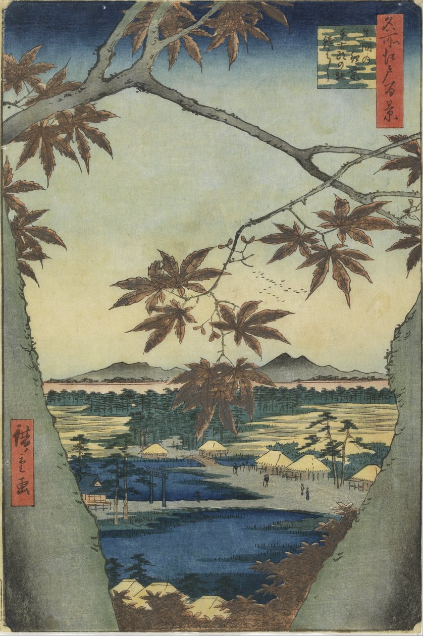 De esdoornbladeren van Mama, het Tekona-heiligdom en de Tsugi-brug door Utagawa Hiroshige