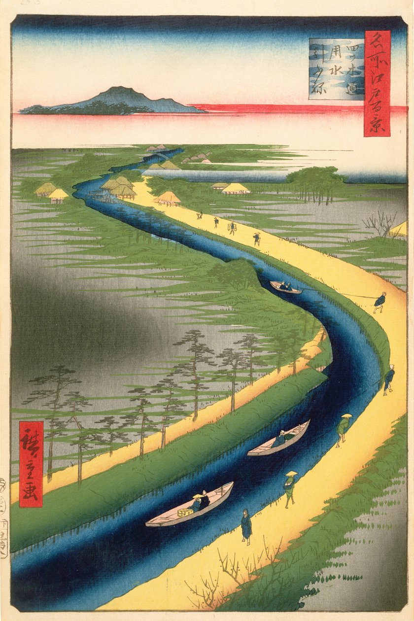 Sleepboten langs het Yotsugi-dori kanaal, plaat 33 uit de serie Honderd beroemde uitzichten van Edo, Edo Periode, Ansei Era, 1857 door Utagawa Hiroshige