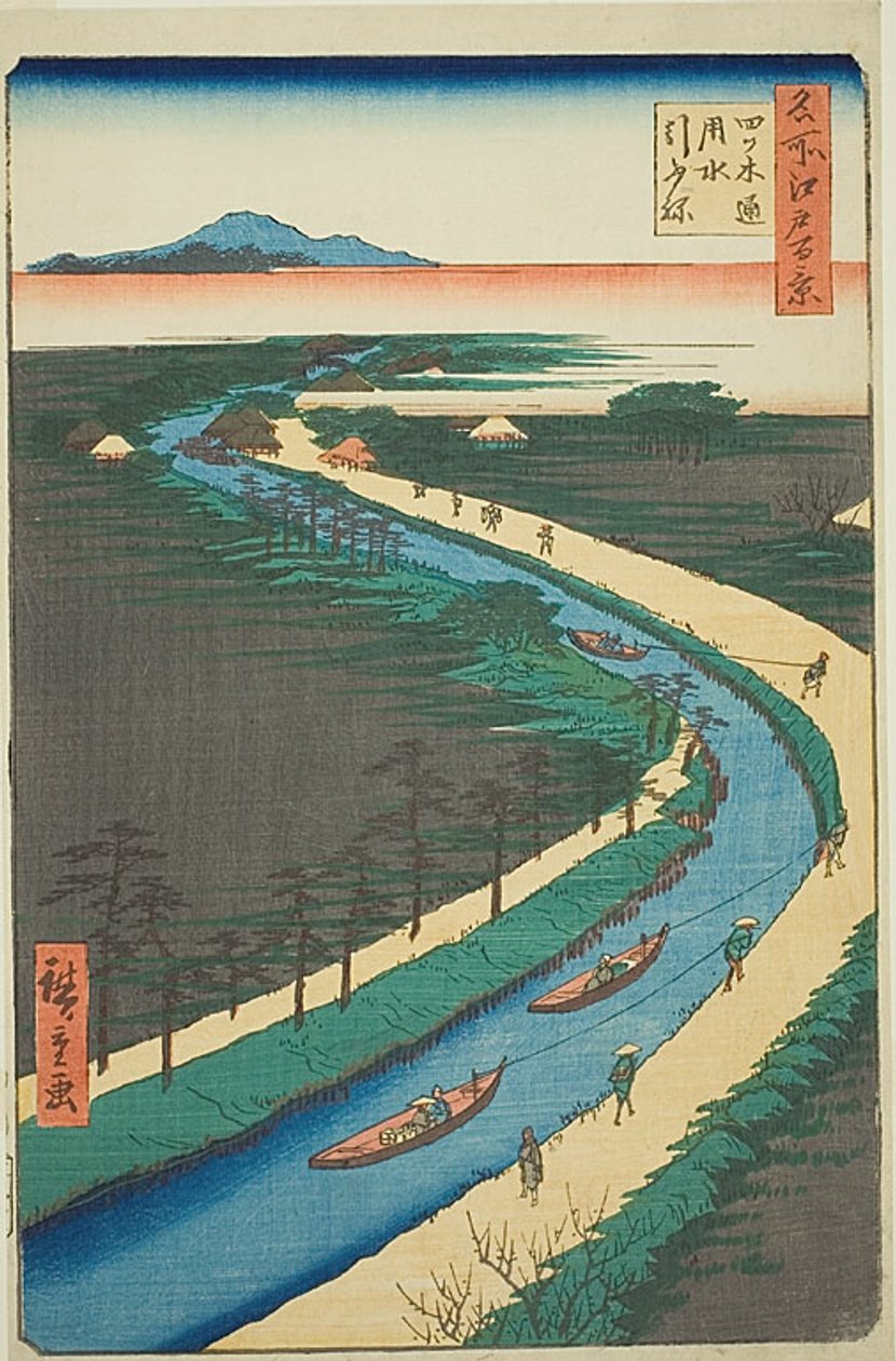 Sleepboten langs het Yotsugidori kanaal (Yotsugidori yosui hikifune), nr.33 uit de serie "Honderd beroemde vergezichten van Edo (Meisho Edo hyakkei)". door Utagawa Hiroshige