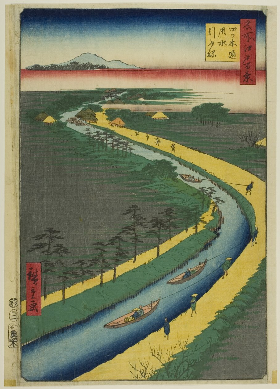 Sleepboten langs het Yotsugidori kanaal (Yotsugidori yosui hikifune), uit de serie "Honderd beroemde gezichten van Edo (Meisho Edo hyakkei)". door Utagawa Hiroshige