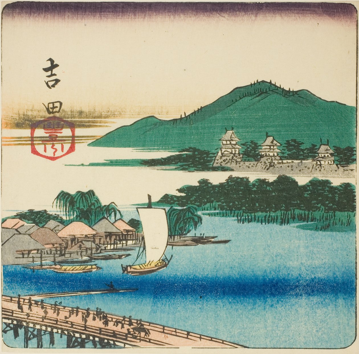 Toyo-rivier bij Yoshida (Yoshida, Toyokawa), deel van een blad uit de serie "Uitgeknipte afbeeldingen van de drieënvijftig stations (Gojusan tsugi harimaze)" door Utagawa Hiroshige