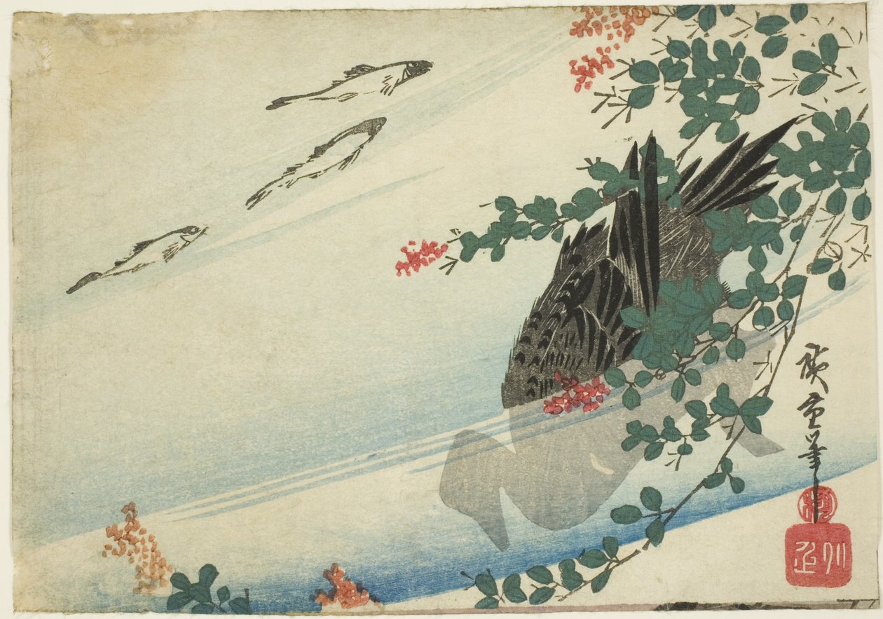 Forellen, eend en bush clover door Utagawa Hiroshige