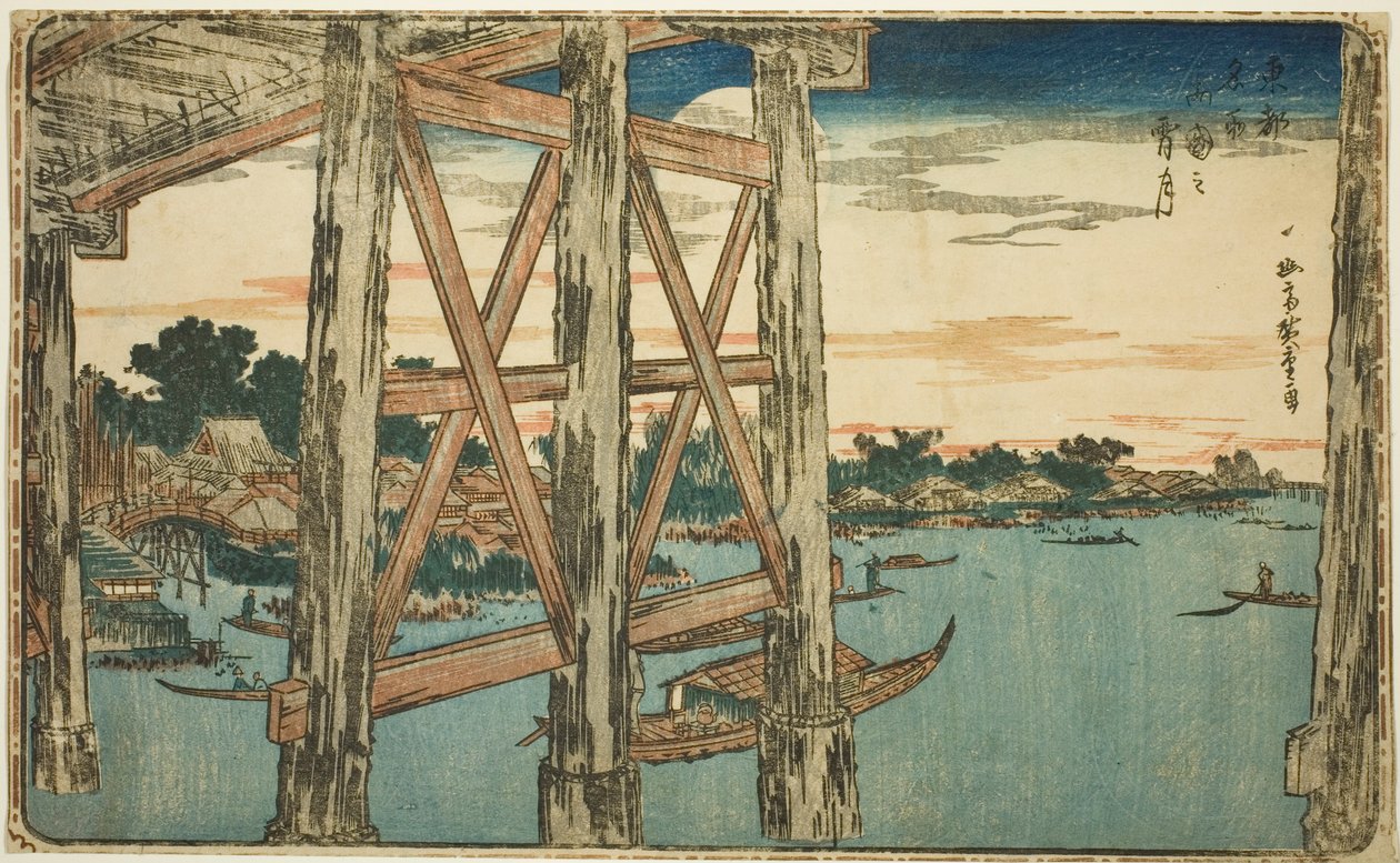 Schemermaan bij de Ryogoku-brug (Ryogoku no yoizuki), uit de serie "Beroemde uitzichten van de oostelijke hoofdstad (Toto Meisho)" door Utagawa Hiroshige