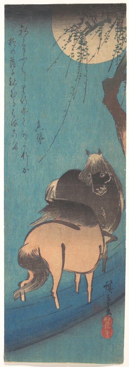 Zwei Pferde unter dem Mond door Utagawa Hiroshige