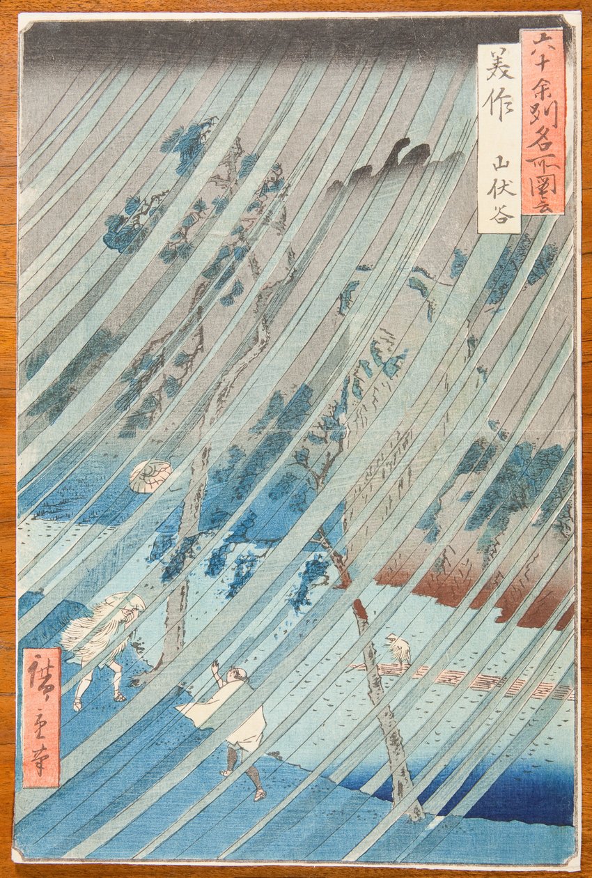 Een stortbui in de Yamabushi-vallei in de provincie Mimasaka / Mimasaka. Yamabushidani, plaat 46 uit de serie: Uitzichten op beroemde plaatsen in iets meer dan zestig provincies / Rokuju yoshu meisho zue door Utagawa Hiroshige