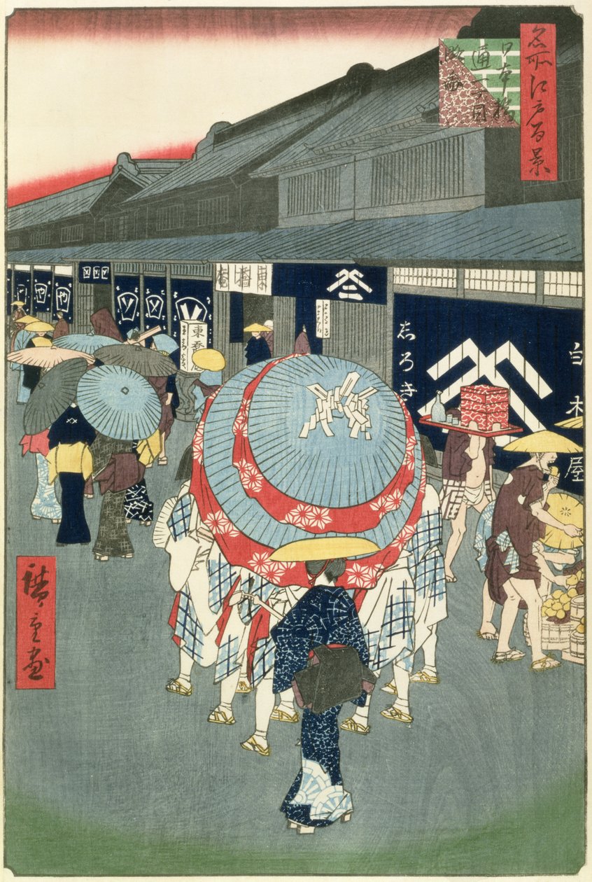 Uitzicht op Nihonbashi Tori-itchome, plaat 44 uit Honderd Zichten van Edo door Utagawa Hiroshige
