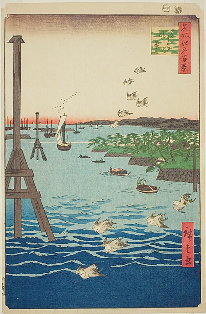 Gezicht op de kust van Shiba (Shibaura no kei), met licht- en donkerblauw water, nr. 108 uit de serie Honderd beroemde gezichten op Edo (Meisho Edo hyakkei) door Utagawa Hiroshige