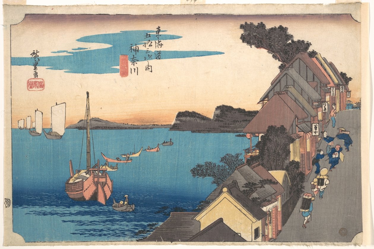 Uitzicht op het station van Kanagawa bij zonsondergang door Utagawa Hiroshige