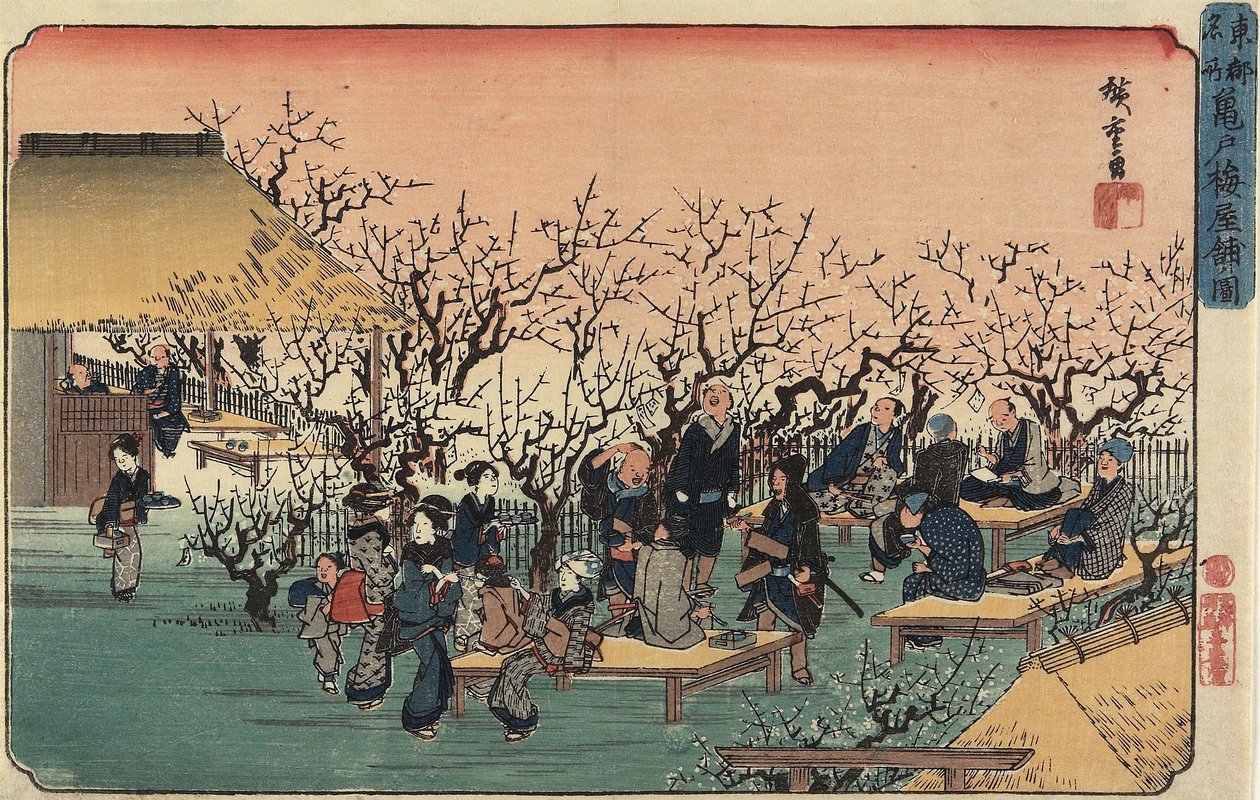 Uitzicht op de pruimentuin in Kameido, 1832-1834 door Utagawa Hiroshige