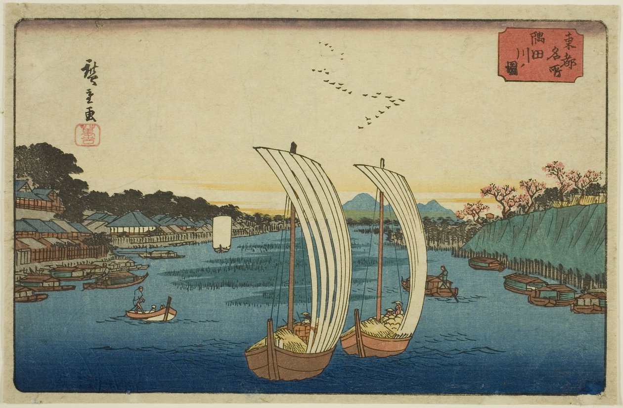 Uitzicht op de Sumida Rivier, uit de serie "Beroemde plaatsen in de oostelijke hoofdstad" door Utagawa Hiroshige