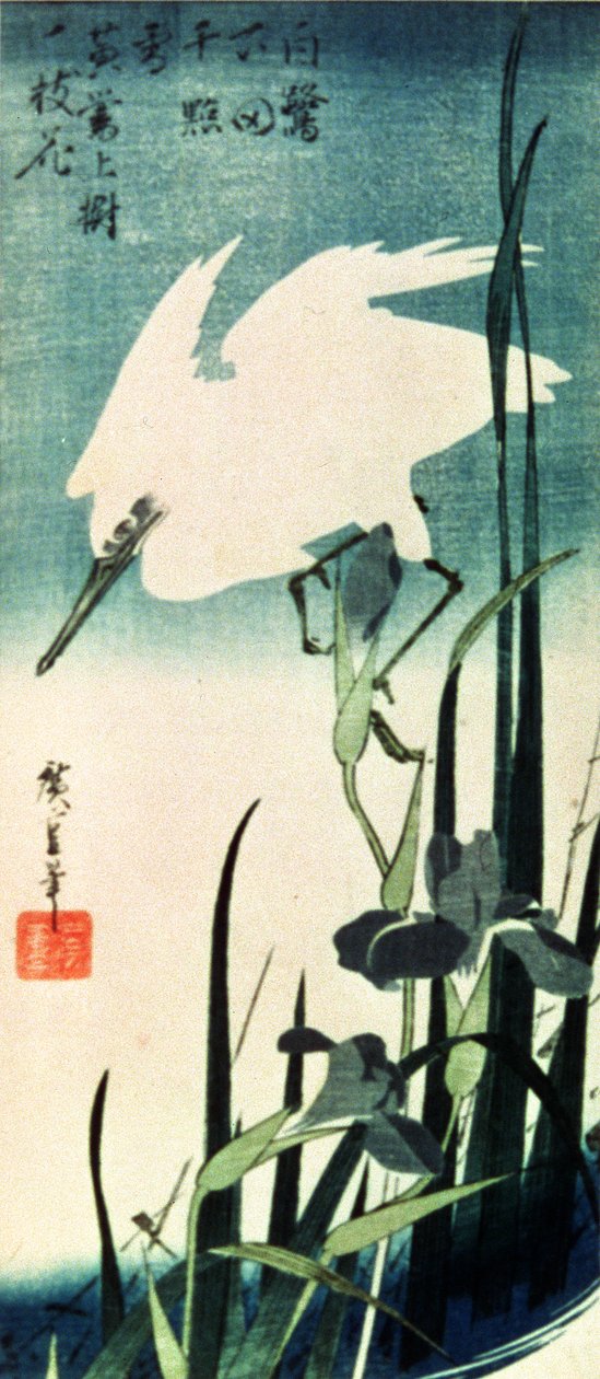 Witte reiger en iris door Utagawa Hiroshige