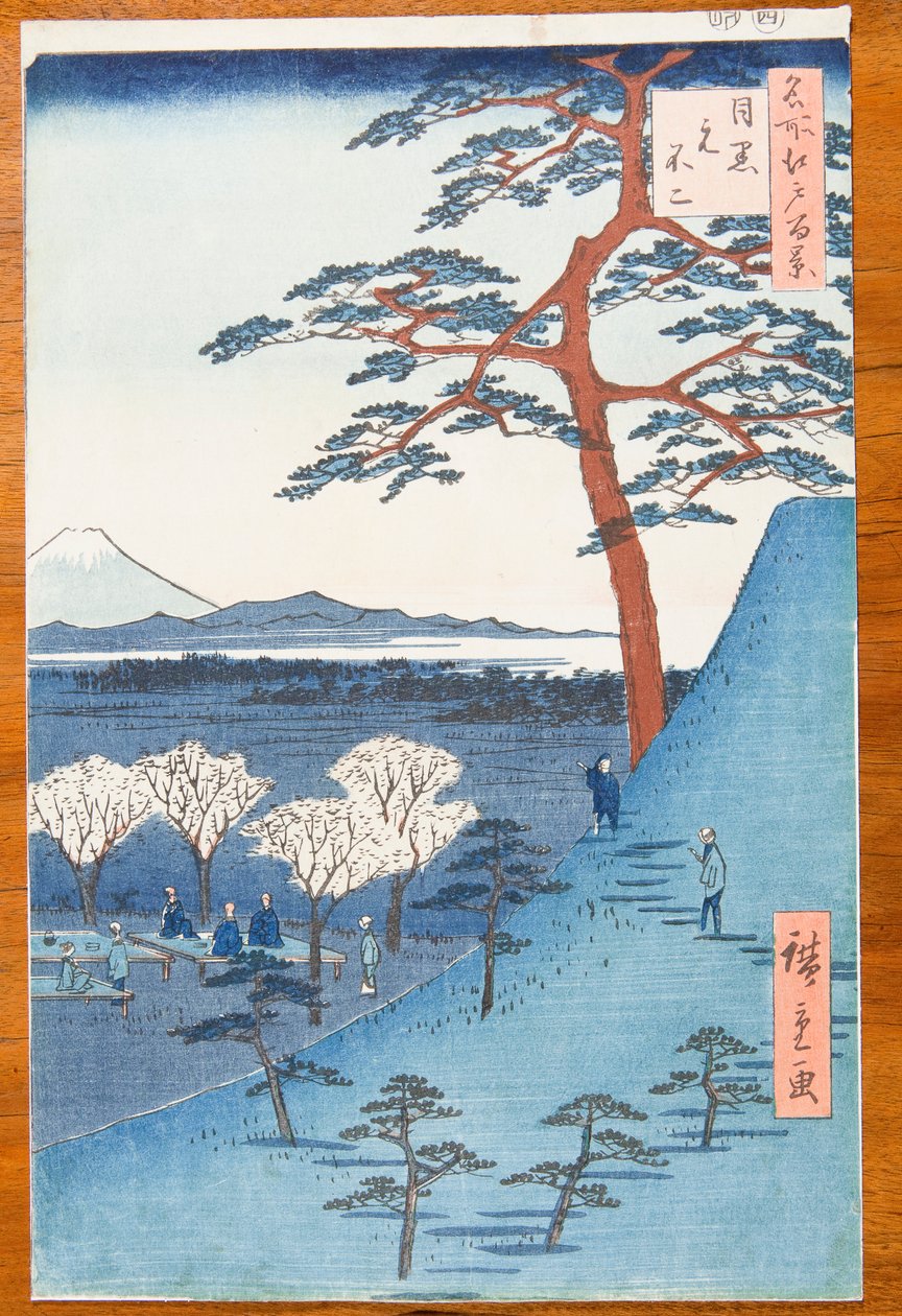Uitzicht vanuit Meguro op de echte berg Fuji - Meguro Moto-Fuji, plaat 25 uit de serie: Honderd beroemde gezichten op Edo / Meisho Edo hyakkei door Utagawa Hiroshige
