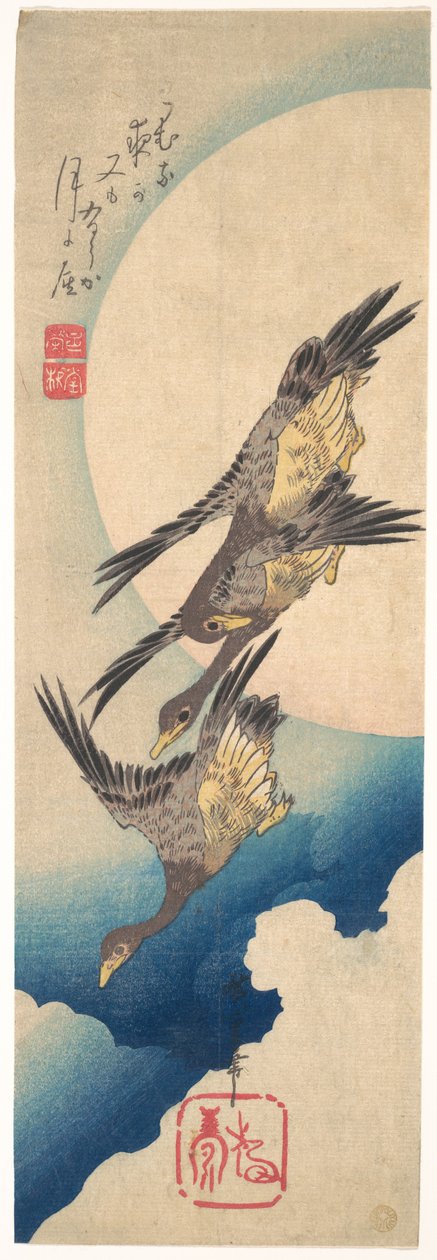 Wilde ganzen die onder de volle maan vliegen door Utagawa Hiroshige