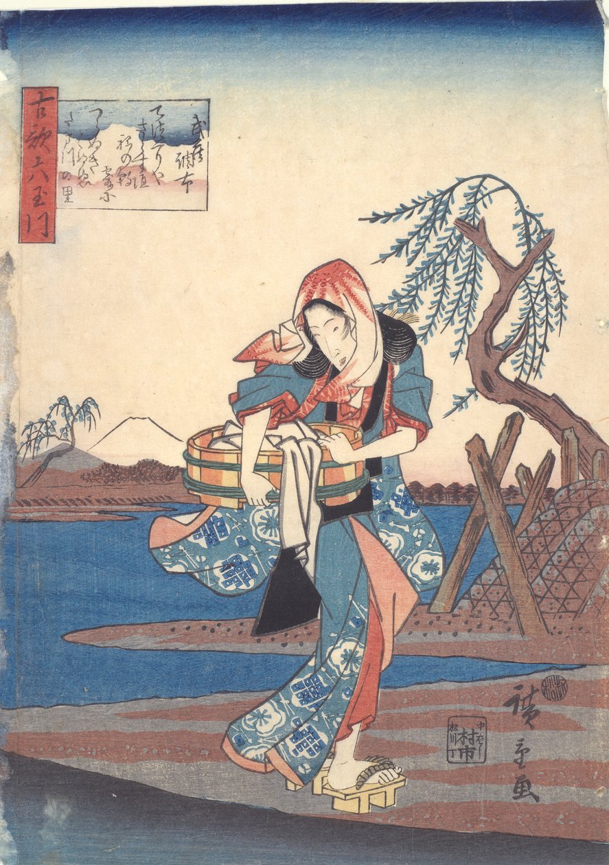 Vrouw die kleren wast bij de Chofu-rivier: Zes Tama-rivieren door Utagawa Hiroshige