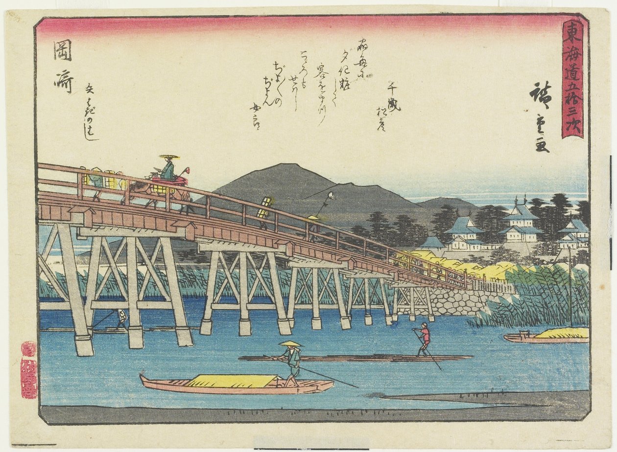 Yahagi-brug in Okazaki, 1837-1844 door Utagawa Hiroshige