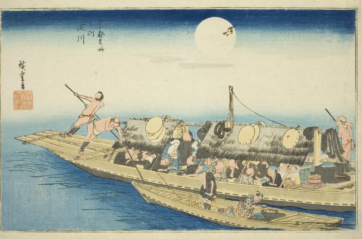 Yodo Rivier (Yodogawa), uit de serie "Beroemde Plaatsen in Kyoto (Kyoto meisho no uchi)" door Utagawa Hiroshige