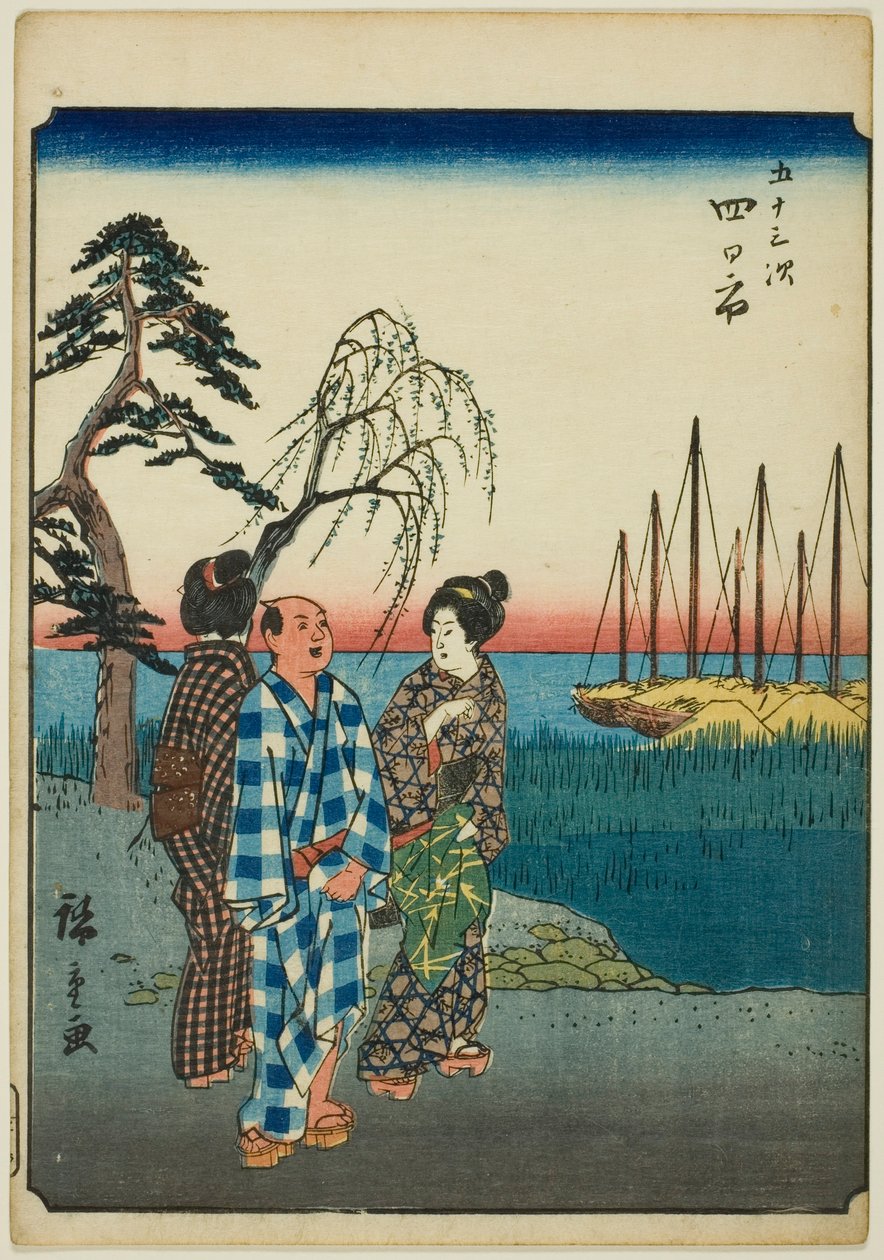 Yokkaichi, uit de serie "Drieënvijftig Stations [van de Tokaido] (Gojusan tsugi)," ook bekend als de Figuren Tokaido (Jinbutsu Tokaido) door Utagawa Hiroshige