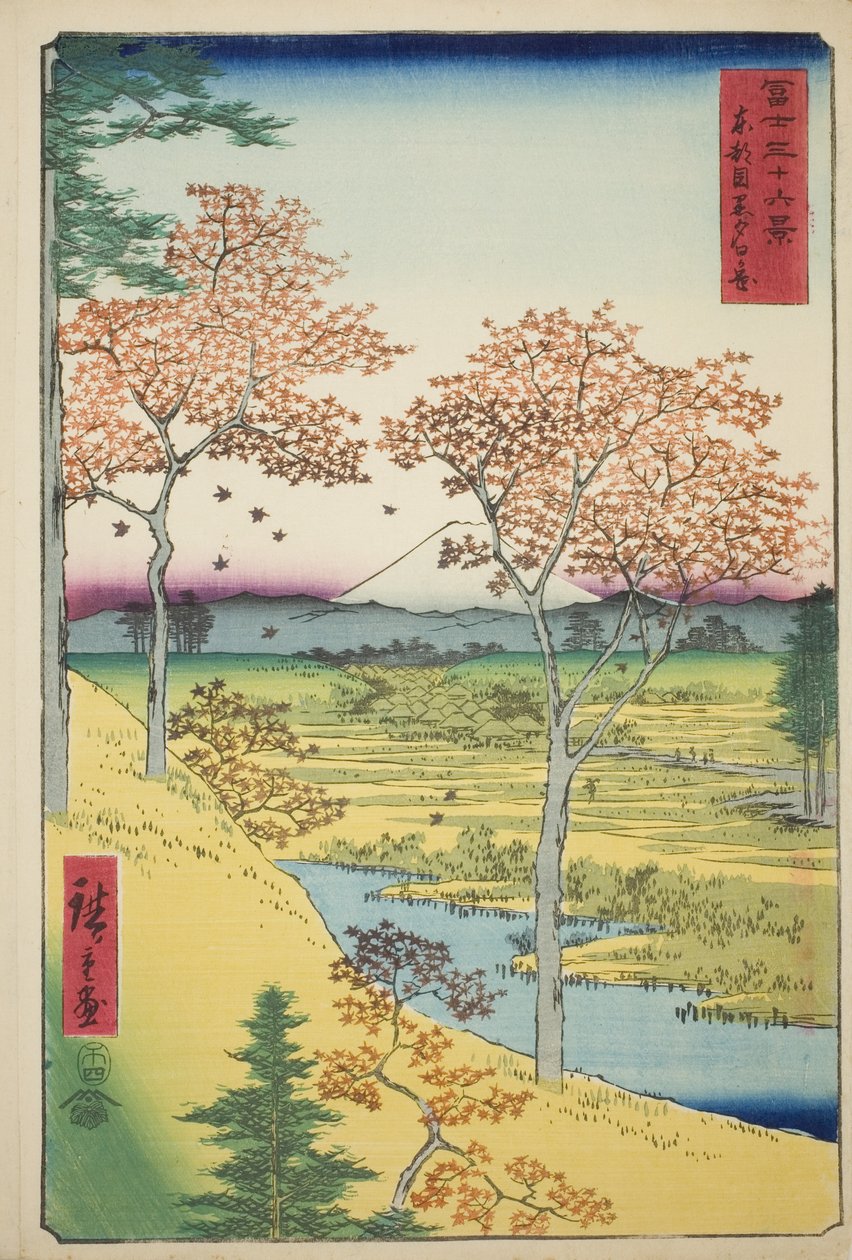 Yuhi-heuvel bij Meguro in de oostelijke hoofdstad (Toto Meguro Yuhigaoka), uit de serie "Zesendertig gezichten op de berg Fuji (Fuji sanjurokkei)" door Utagawa Hiroshige