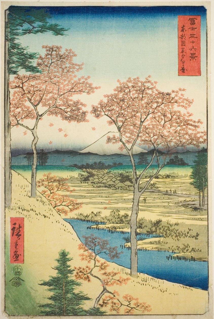 Yuhi-heuvel bij Meguro in de oostelijke hoofdstad (Toto Meguro Yuhigaoka), uit de serie "Zesendertig gezichten op de berg Fuji (Fuji sanjurokkei)" door Utagawa Hiroshige