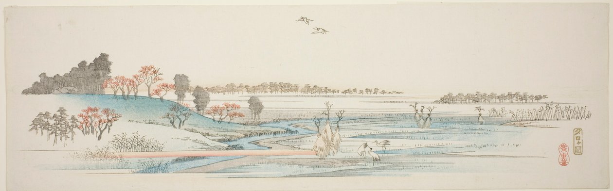 Yuhigaoka, uit een ongetitelde serie van beroemde uitzichten van de buitenwijken van Edo door Utagawa Hiroshige