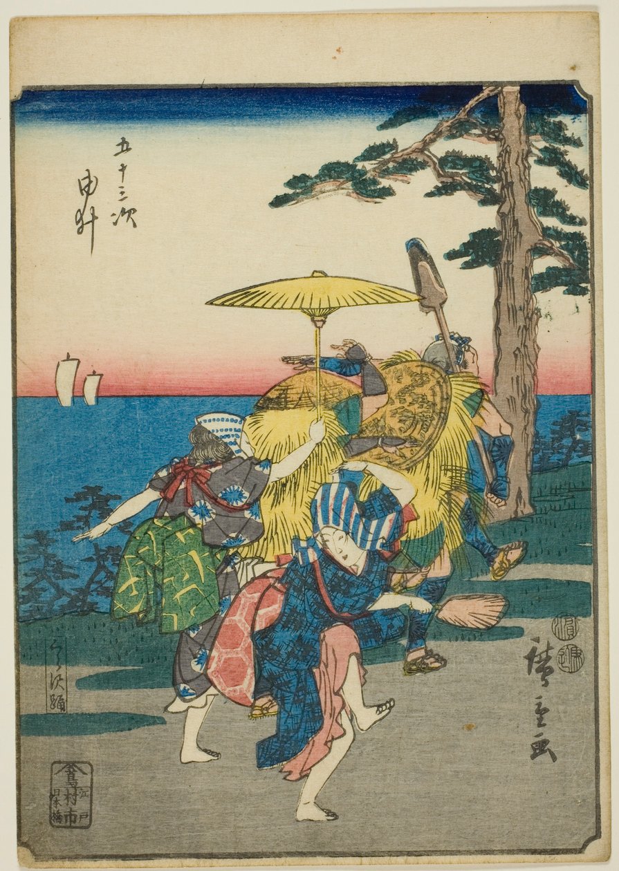 Yui, uit de serie "Drieënvijftig stations [van de Tokaido] (Gojusan tsugi)," ook bekend als de Figuren Tokaido (Jinbutsu Tokaido) door Utagawa Hiroshige