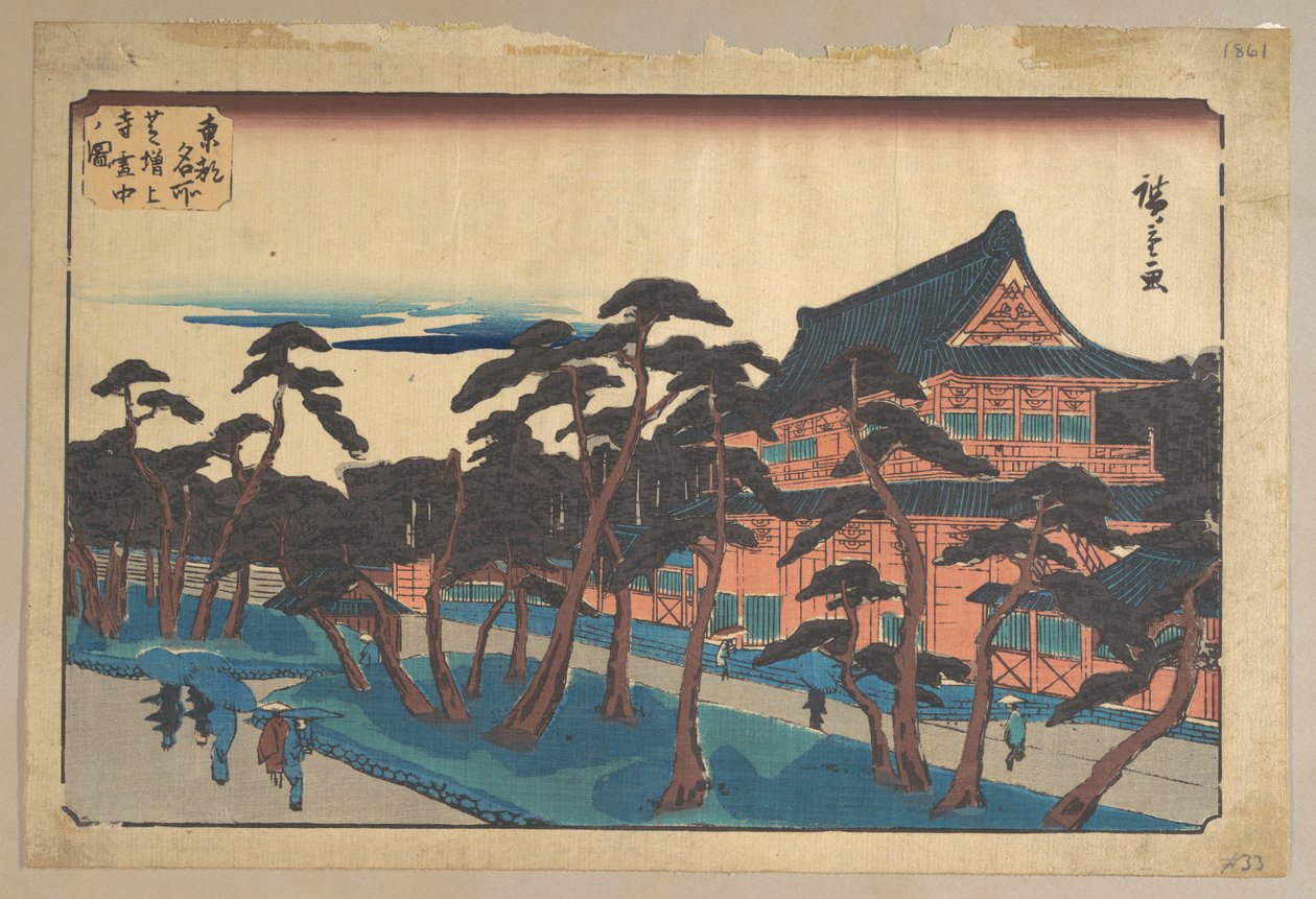 De Zojoji-tempel in Shiba in de sneeuw door Utagawa Hiroshige