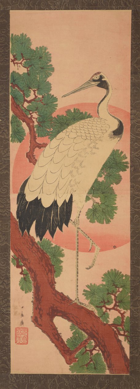 Kranich auf einem Kiefernzweig vor der Sonnenscheibe door Utagawa Hiroshige