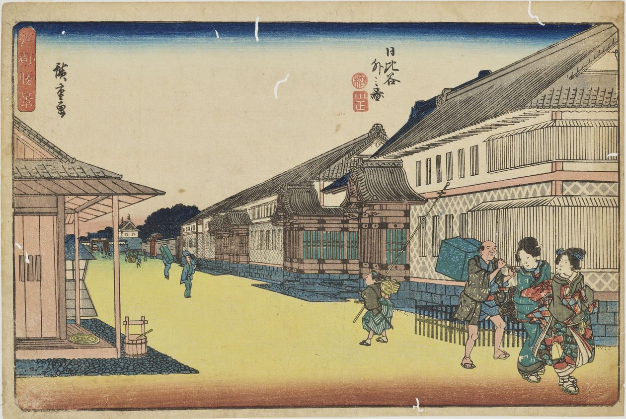 „Buiten Hibiya“ uit de serie „Opmerkelijke gezichten op Edo“ door Utagawa Hiroshige