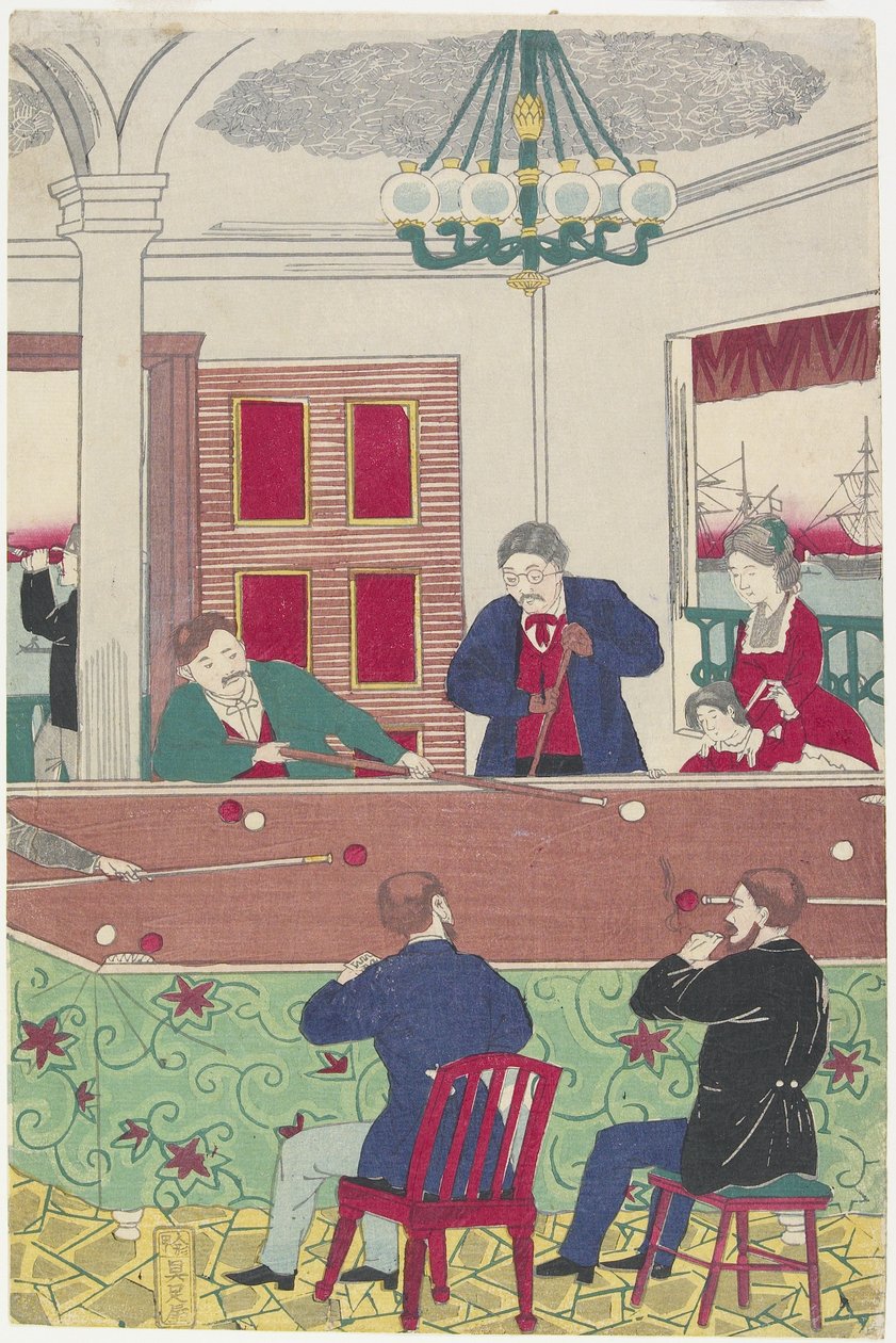 Buitenlanders bij Biljartspel, eind 19e eeuw door Utagawa Hiroshige III