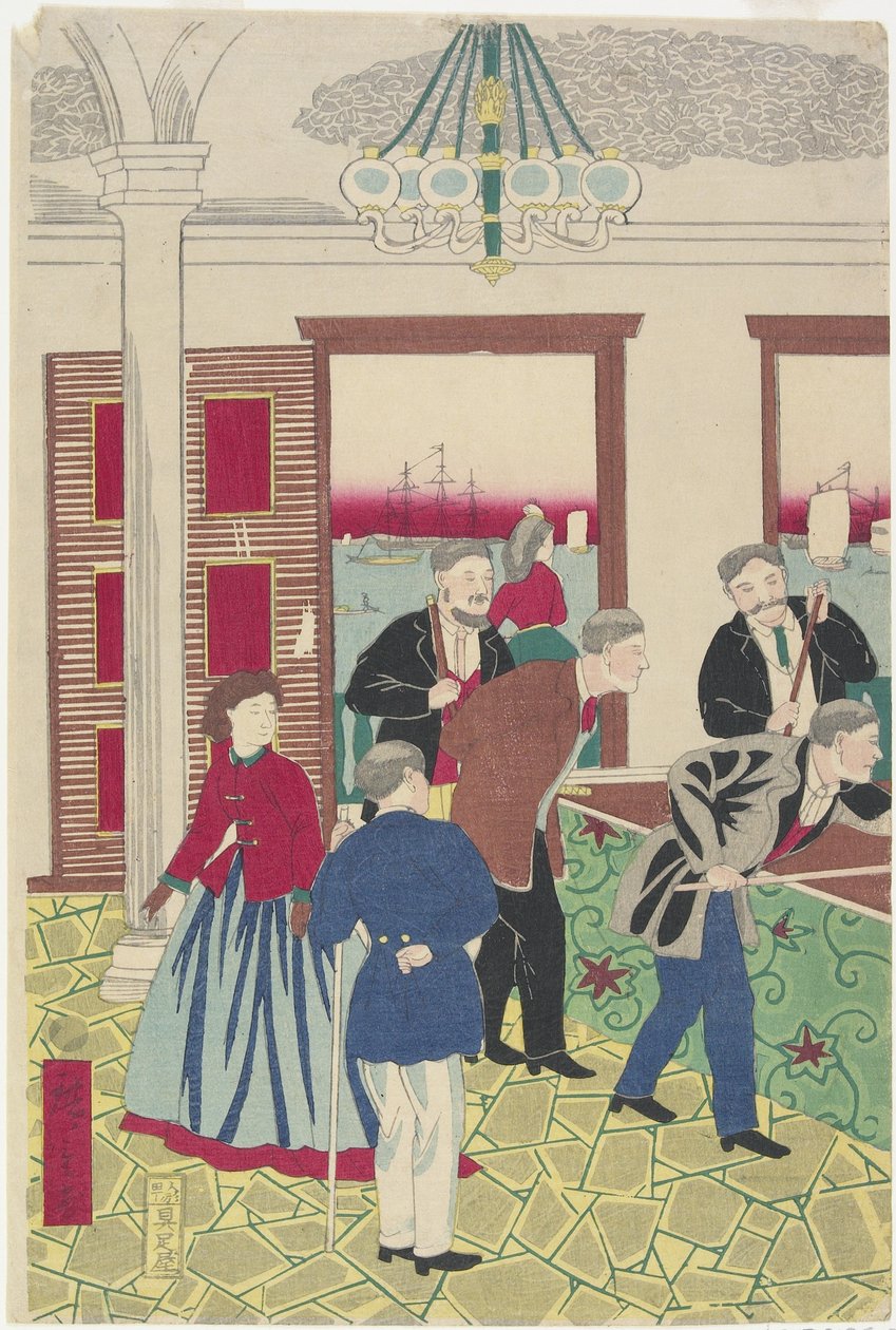 Buitenlanders bij een biljartspel, eind 19e eeuw door Utagawa Hiroshige III