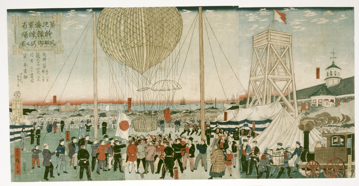 Japanse marine test een heteluchtballon in Tsukiji door Utagawa Hiroshige III