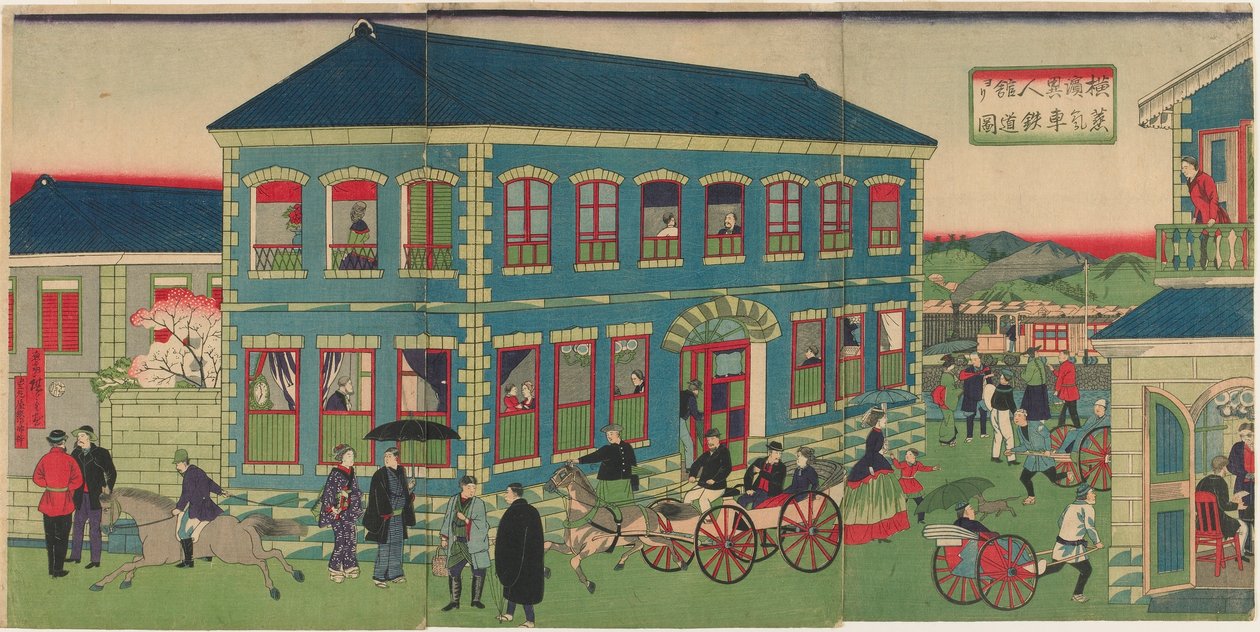 Afbeelding van de stoomtrein van de buitenlandse vestigingen van Yokohama, Meiji-periode door Utagawa Hiroshige III